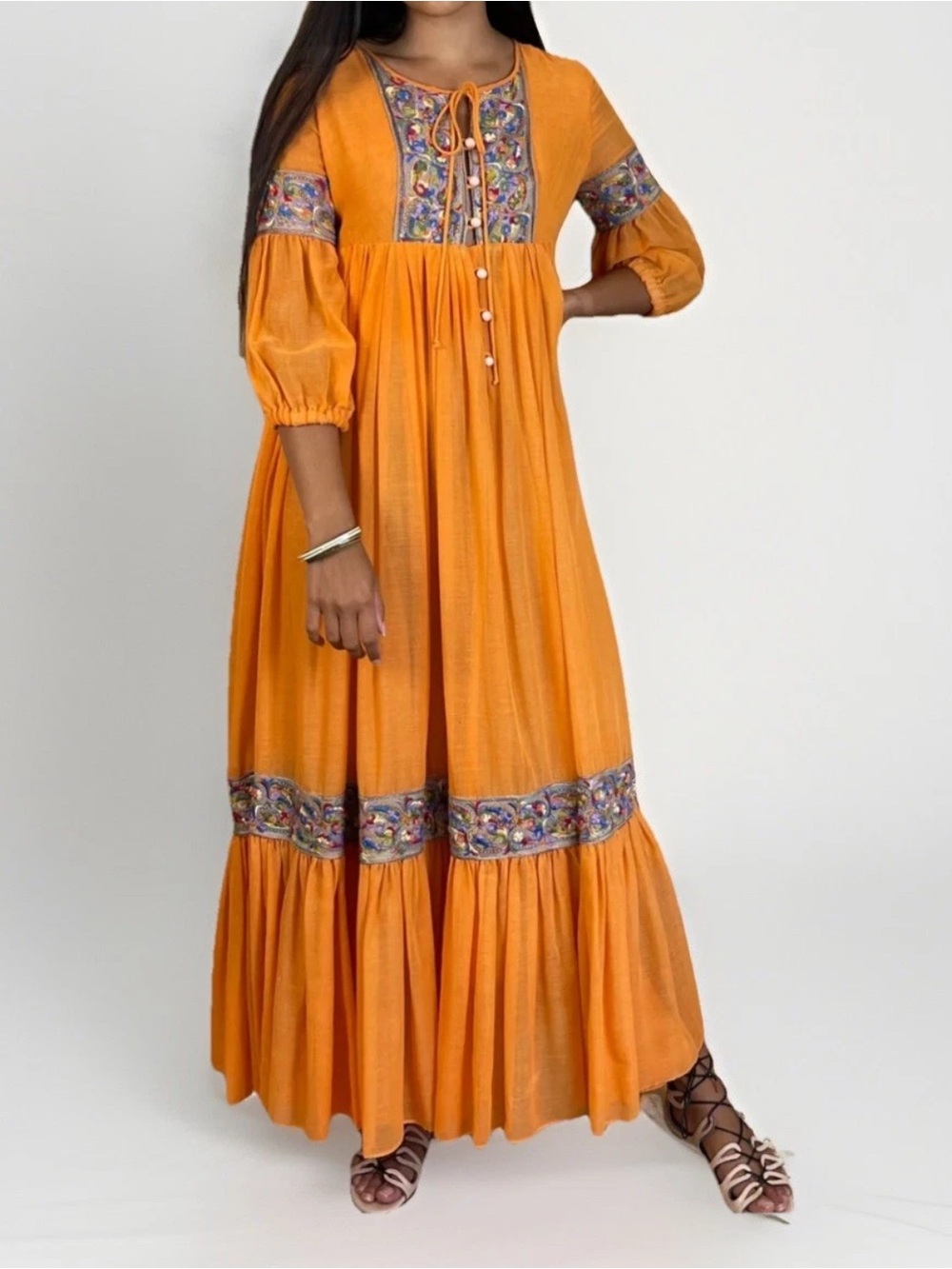 Vintage Beverly Paige Embroidered Orange Gauze Maxi Dress 70s Hippie Cottagecore